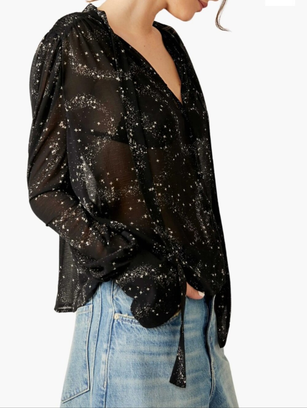 Free People Stars Align Print Tie Neck shirt blouse Bow Tie Neck Smocked Boho XS
